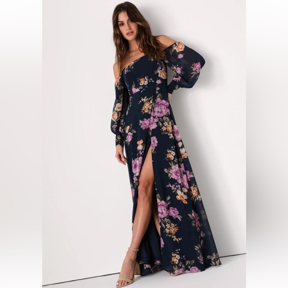 Lulu's Floral Off-Shoulder Maxi Dress - Navy and Pink